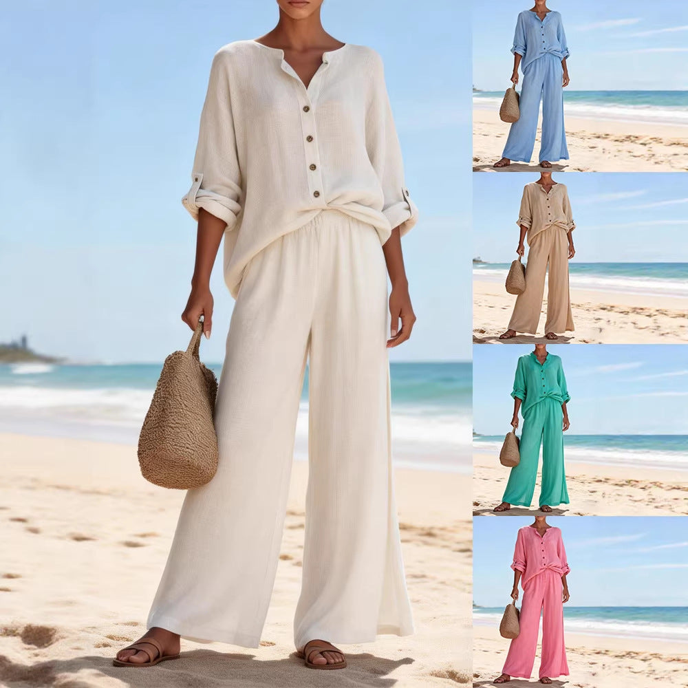 Conjunto casual de camisa de manga larga con cuello en V y pantalón para mujer, de algodón, disponible en varios colores.