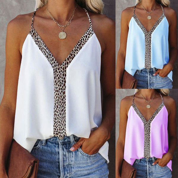 Chic Leopard Trim V-Neck Blouse by Isabella Sol