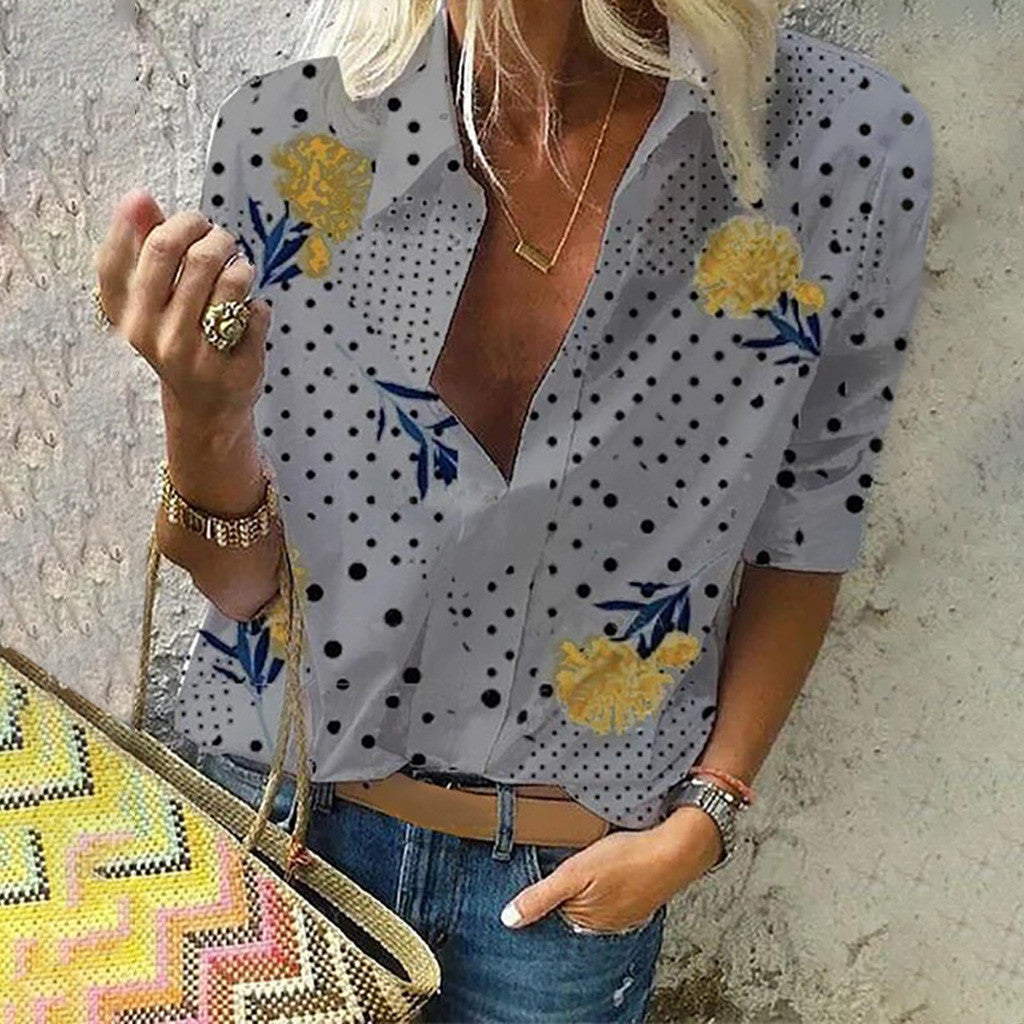 Top de moda elegante con escote en V y estampado floral de lunares Isabella Sol