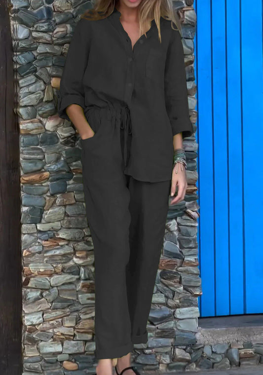 Conjunto elegante de algodón y lino con pantalones de talle alto Isabella Sol.