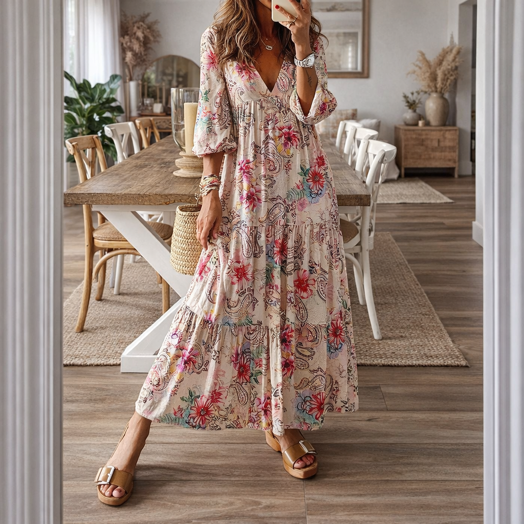 Vestido largo bohemio con estampado floral y escote en V de Isabella Sol