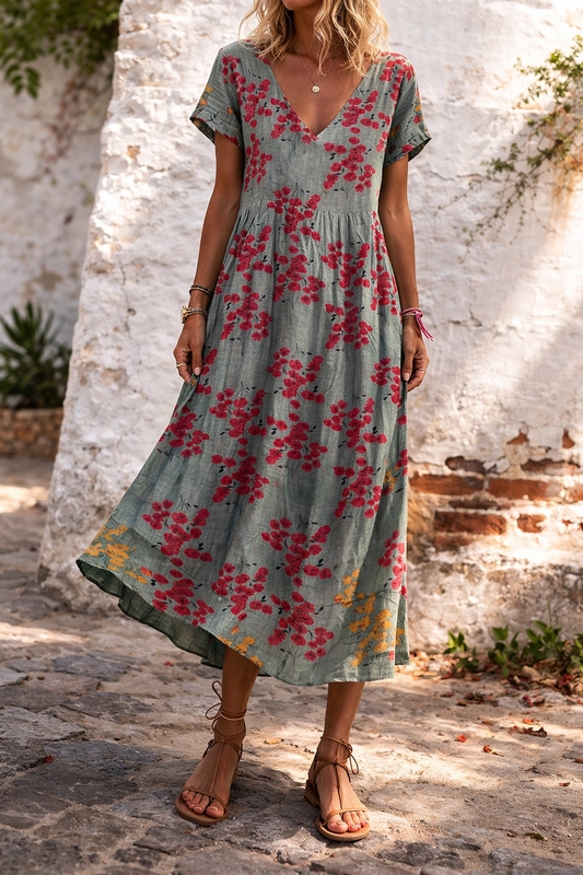 Vestido largo de algodón con escote en V y estampado floral de Isabella Sol.