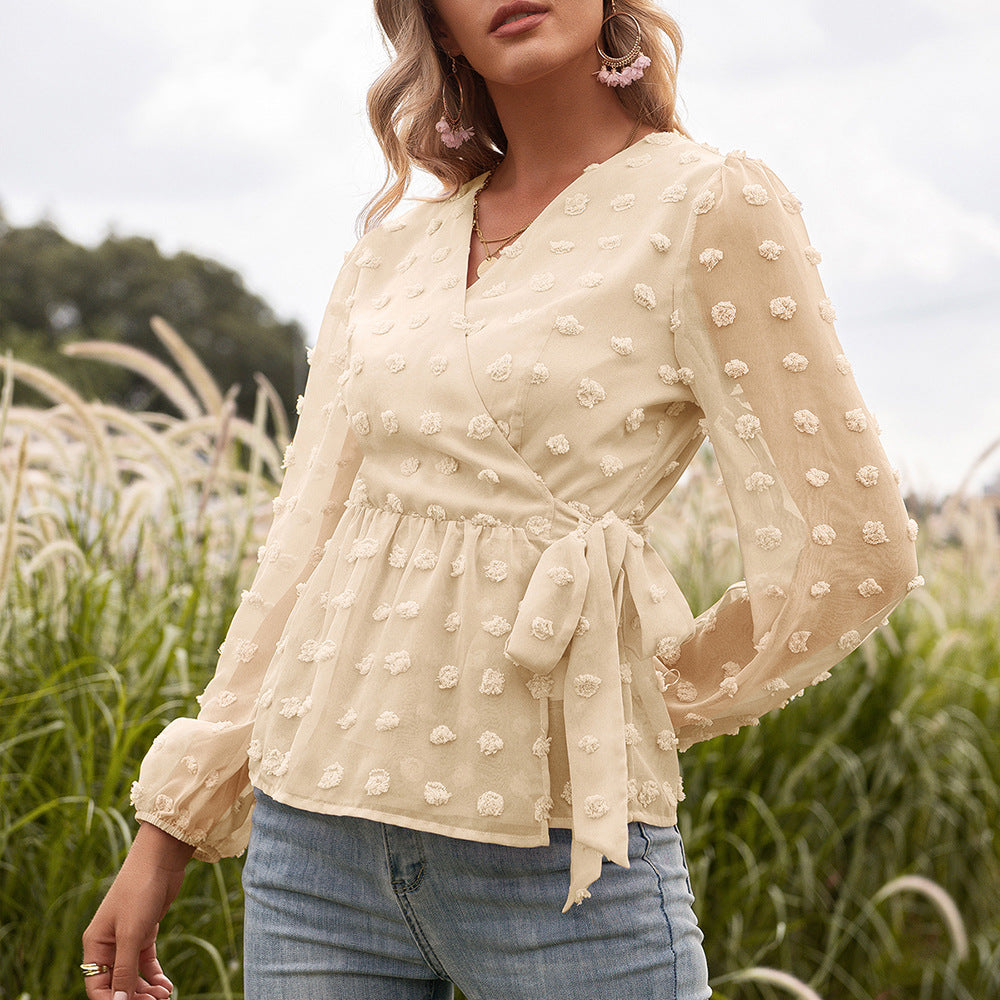 Elegante blusa jacquard con escote en V de Isabella Sol.