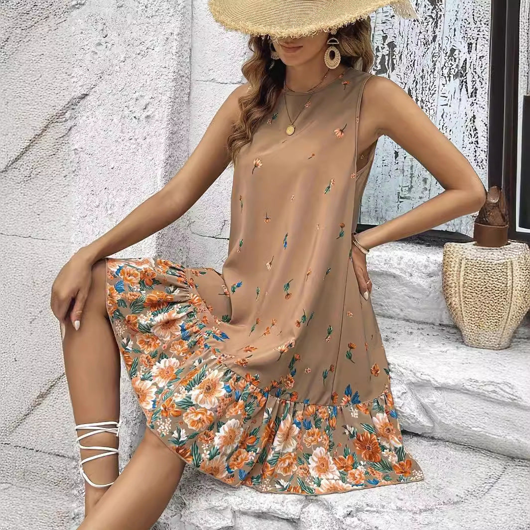 Vestido caqui sin mangas con estampado floral de Isabella Sol.