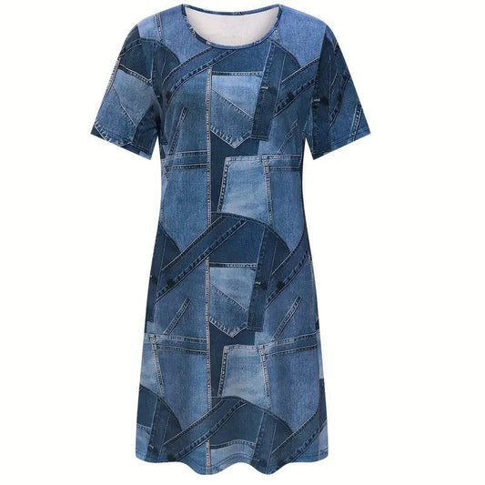Elegante vestido de verano de corte A con estampado vaquero de Isabella Sol