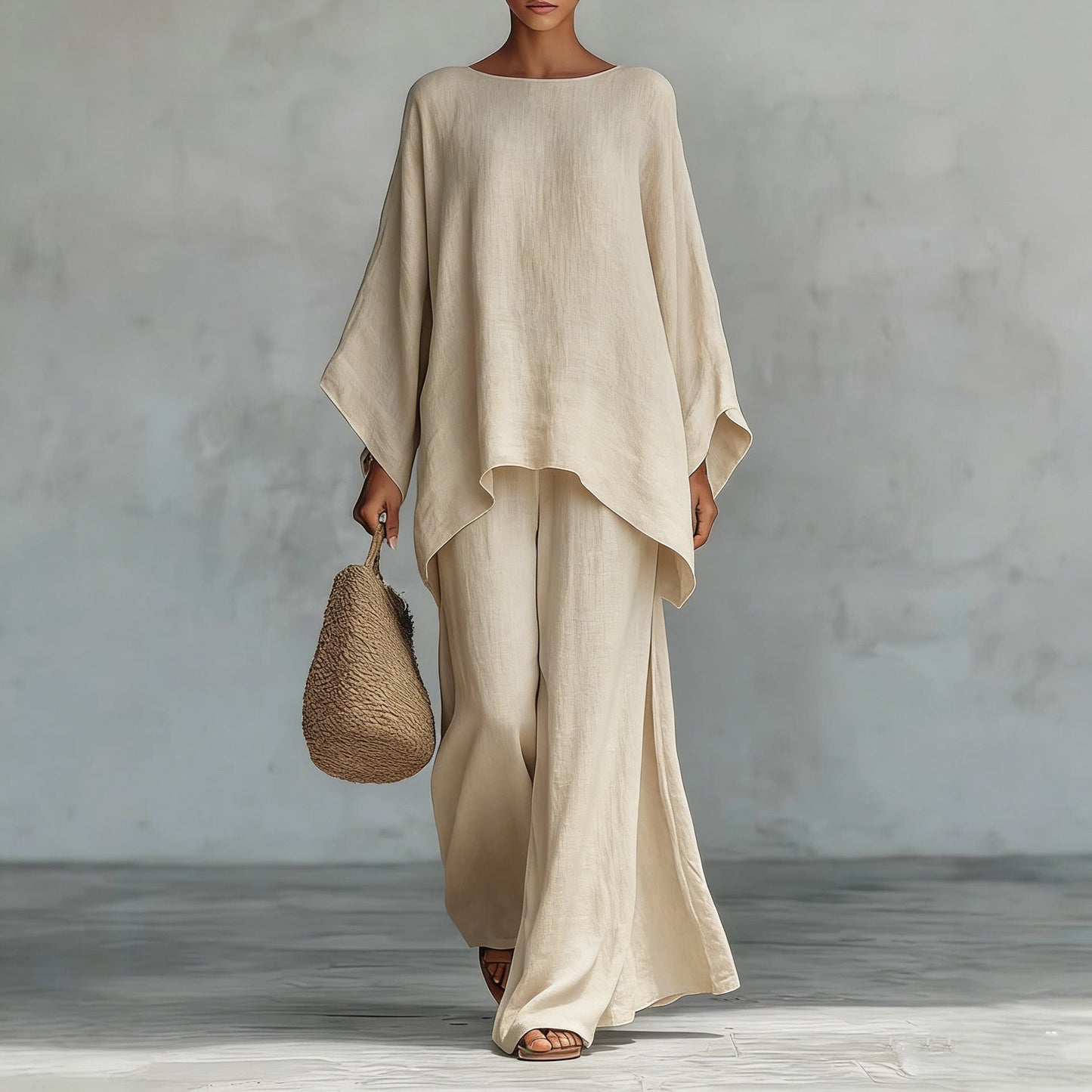 Conjunto minimalista de top de corte relajado y pantalón de pierna ancha para mujer.