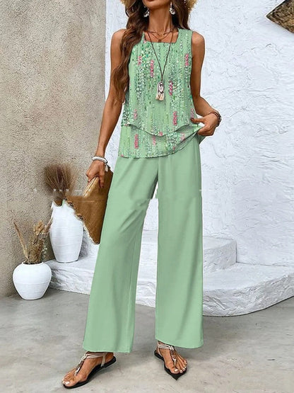 Traje estampado sin mangas, chaleco de doble capa y pantalones rectos holgados para mujer.