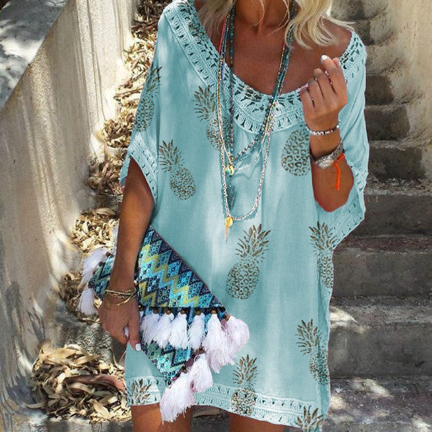 Chic Lace Print Dress Isabella Sol Summer V-Neck
