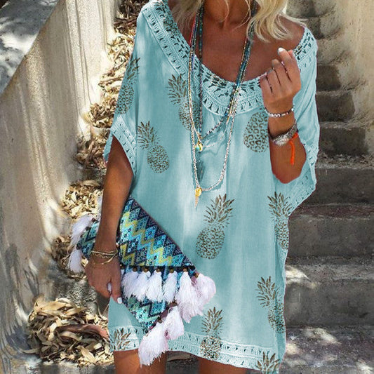 Chic Lace Print Dress Isabella Sol Summer V-Neck