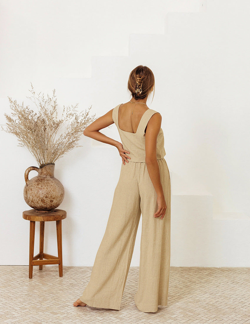 Conjunto de chaleco de algodón y lino de corte relajado de Isabella Sol.