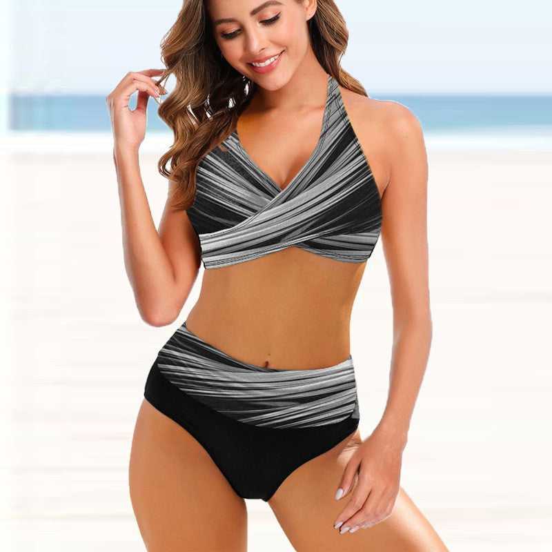 Bikini de talle alto con estampado tie-dye a rayas de Isabella Sol