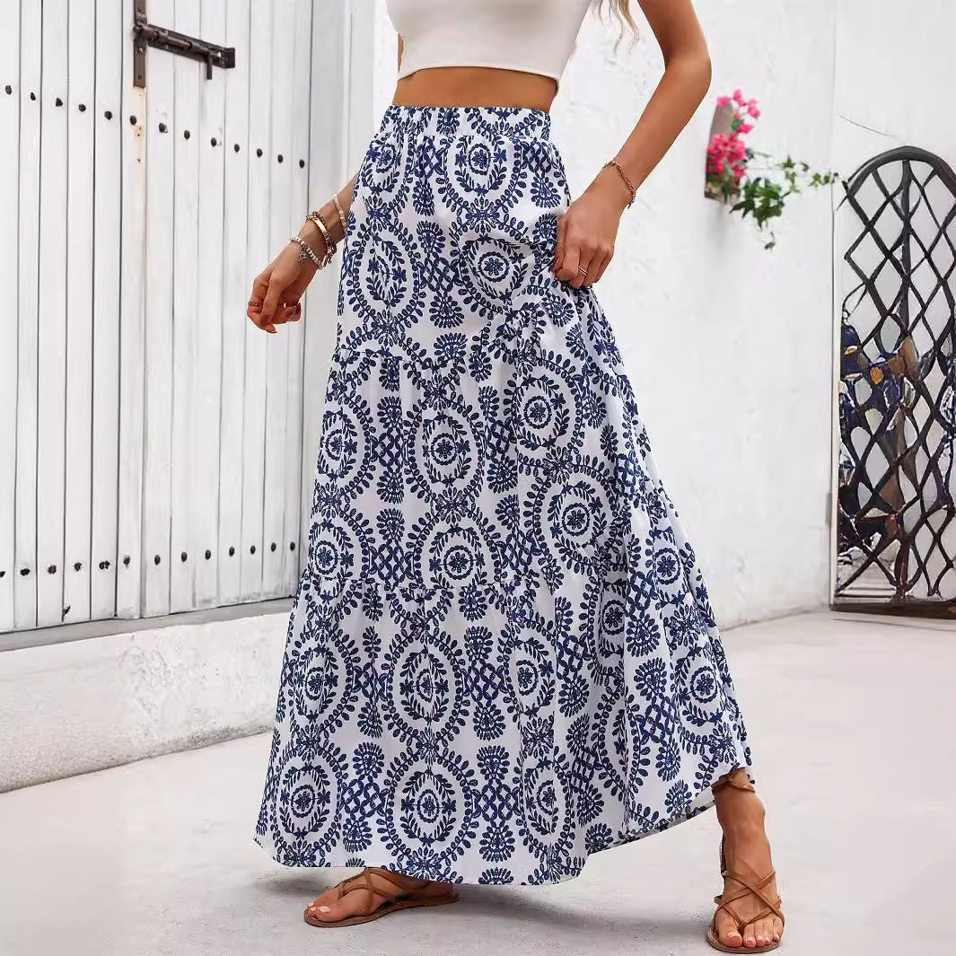 Falda acampanada Isabella Sol con estampado de porcelana azul