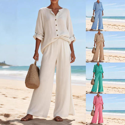 Conjunto casual de camisa de manga larga con cuello en V y pantalón para mujer, de algodón, disponible en varios colores.