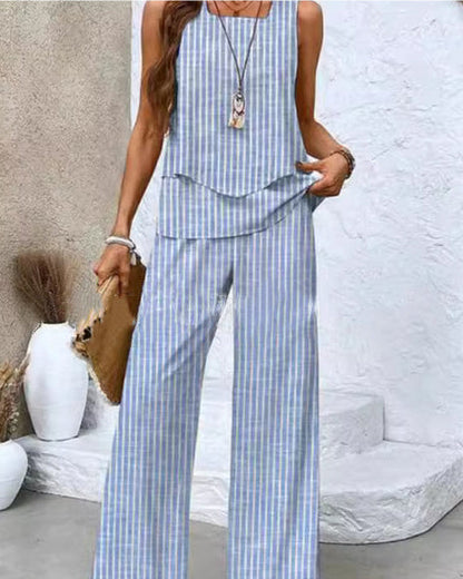Traje estampado sin mangas, chaleco de doble capa y pantalones rectos holgados para mujer.