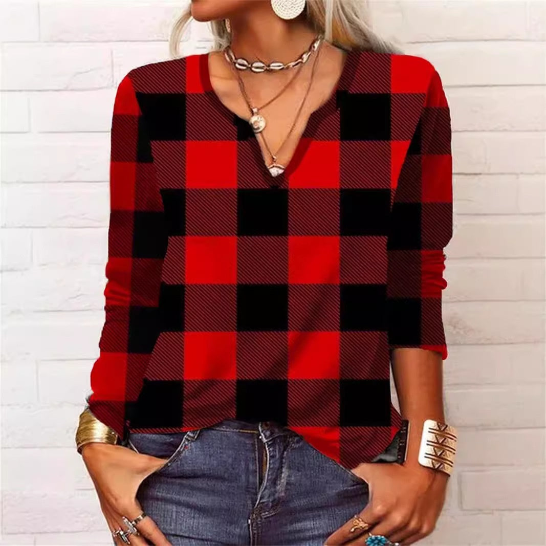 Plaid V-Neck Long Sleeve Top by Isabella Sol