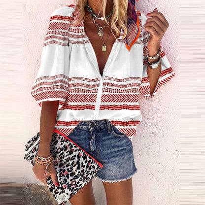 Blusa Isabella Sol con estampado de rayas estilo boho y botones.