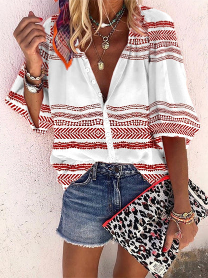 Blusa Isabella Sol con estampado de rayas estilo boho y botones.