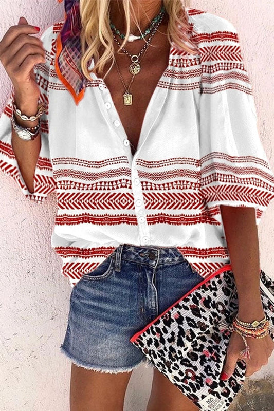Blusa Isabella Sol con estampado de rayas estilo boho y botones.