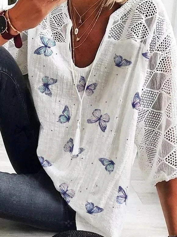 Boho Butterfly Print Isabella Sol V-Neck Blouse