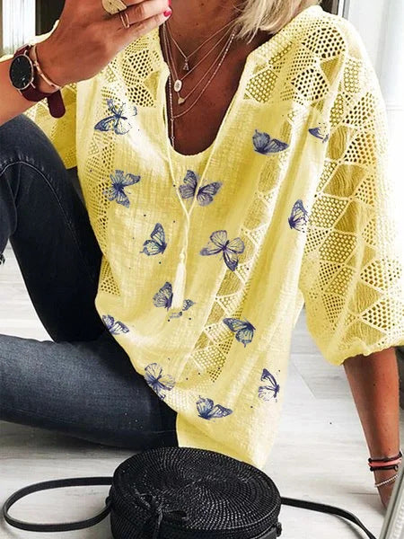 Blusa de cuello en V con estampado de mariposas estilo bohemio de Isabella Sol