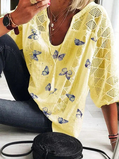 Blusa de cuello en V con estampado de mariposas estilo bohemio de Isabella Sol