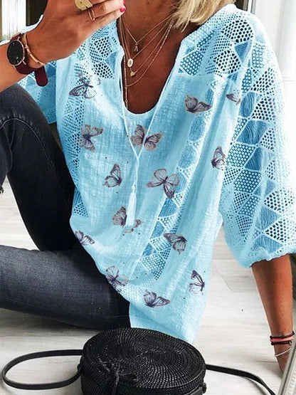 Blusa de cuello en V con estampado de mariposas estilo bohemio de Isabella Sol