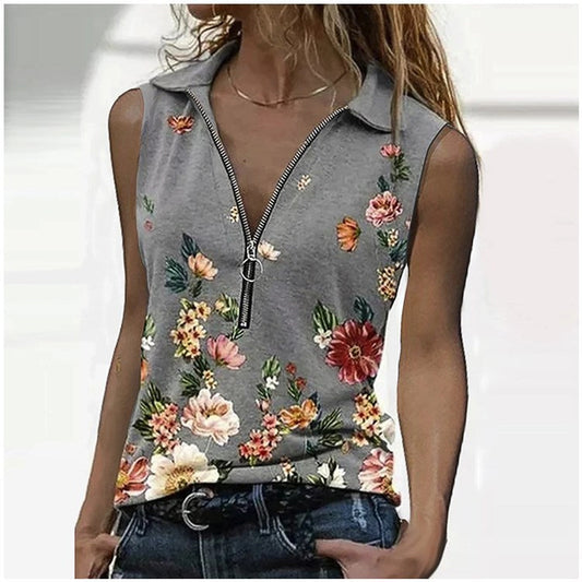 Floral Zip Slim Top Isabella Sol Sleeveless Blouse