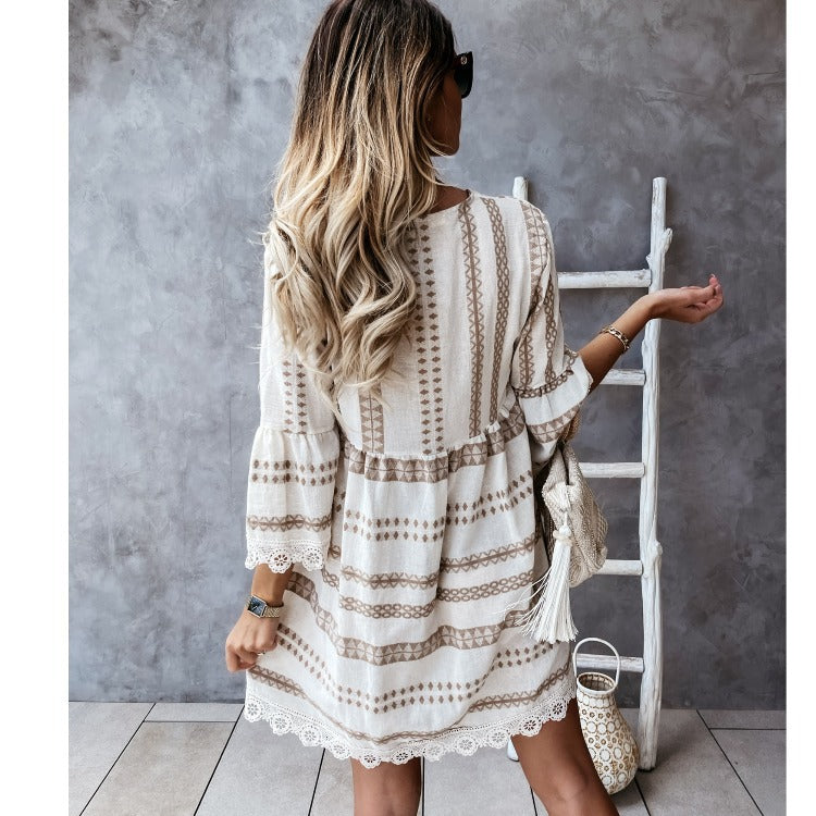 Vestido bohemio con puños de encaje Isabella Sol Verano Escote en V