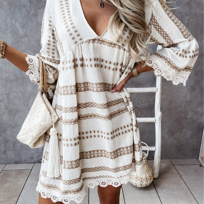 Vestido bohemio con puños de encaje Isabella Sol Verano Escote en V