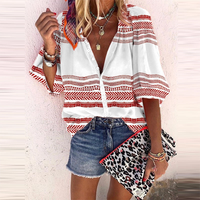 Blusa Isabella Sol con estampado de rayas estilo boho y botones.