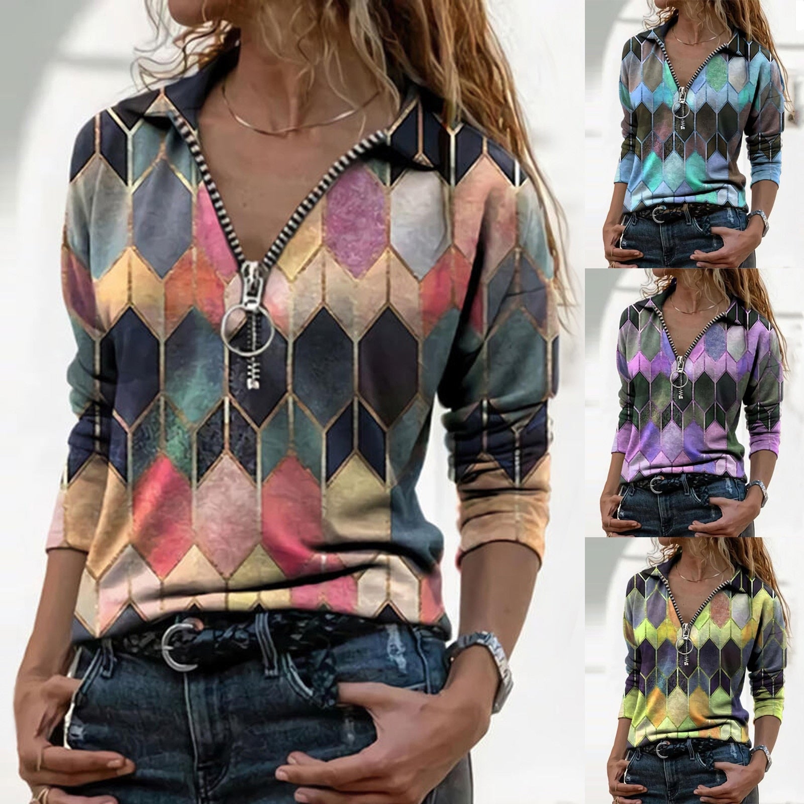 Colorful Zip V-Neck Top Isabella Sol Perfect-Fit