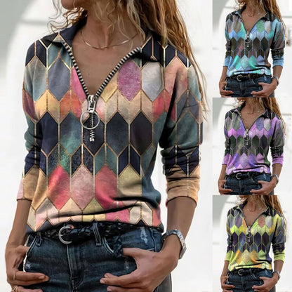 Colorful Zip V-Neck Top Isabella Sol Perfect-Fit