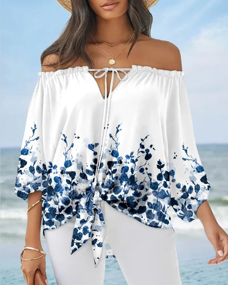 Elegante top estampado con hombros descubiertos de Isabella Sol