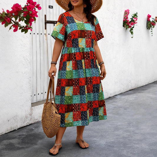 Vestido largo de verano Isabella Sol con vibrantes diseños de patchwork