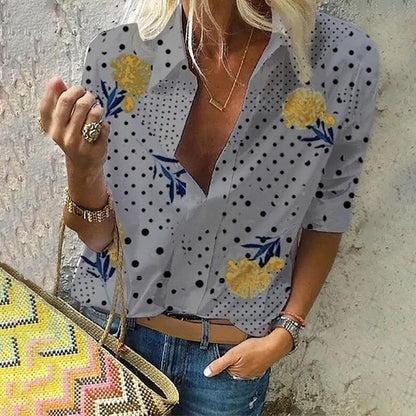 Top de moda elegante con escote en V y estampado floral de lunares Isabella Sol