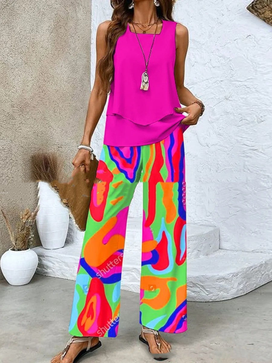 Traje estampado sin mangas, chaleco de doble capa y pantalones rectos holgados para mujer.