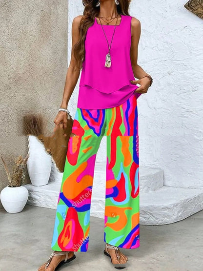 Traje estampado sin mangas, chaleco de doble capa y pantalones rectos holgados para mujer.