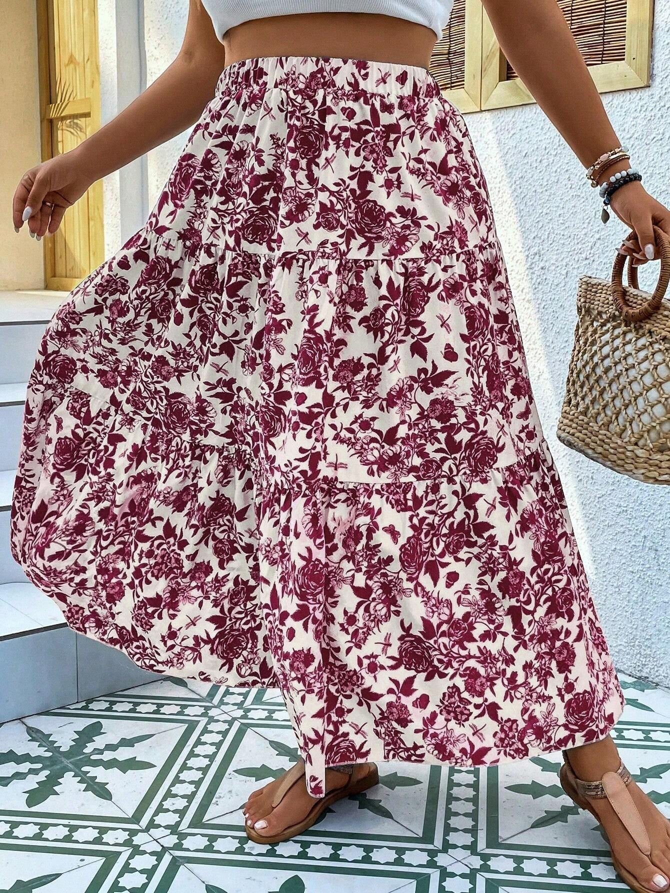 Falda larga de talla grande con estampado floral de Isabella Sol
