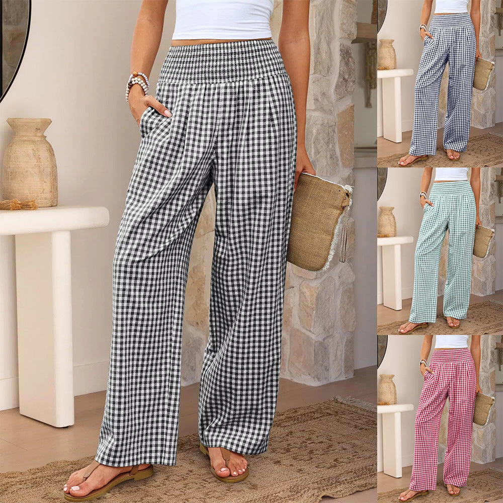 Pantalones casuales a cuadros, corte holgado, pantalones anchos de moda para mujer con bolsillos.