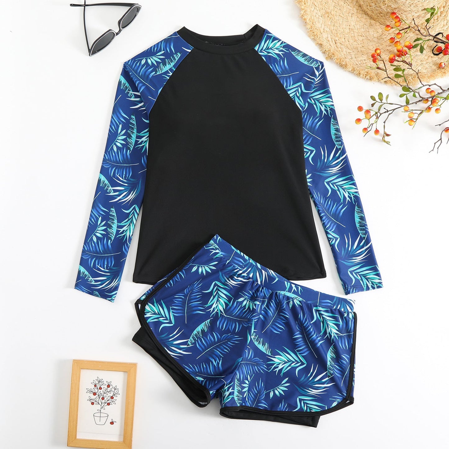 Conjunto de tankini de manga larga con estampado de hojas de Isabella Sol