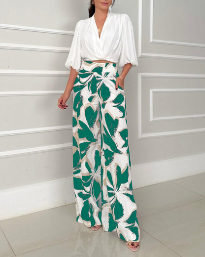 Conjunto de pantalón ancho informal de manga tres cuartos para mujer de Socialite