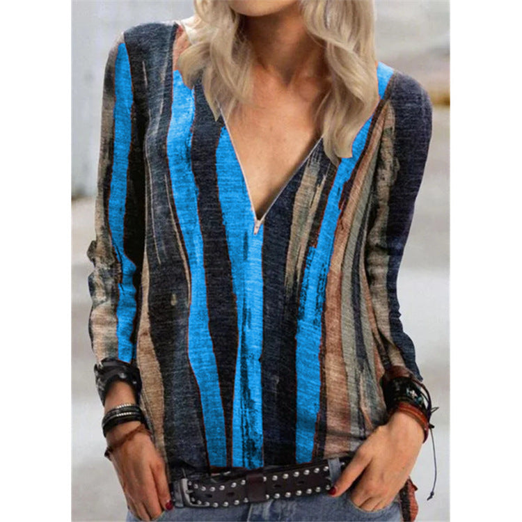 Top con cremallera y cuello en V de Isabella Sol con rayas vibrantes