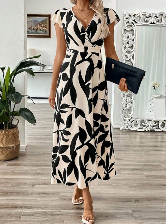 Elegante vestido largo estampado con escote en V de Isabella Sol.
