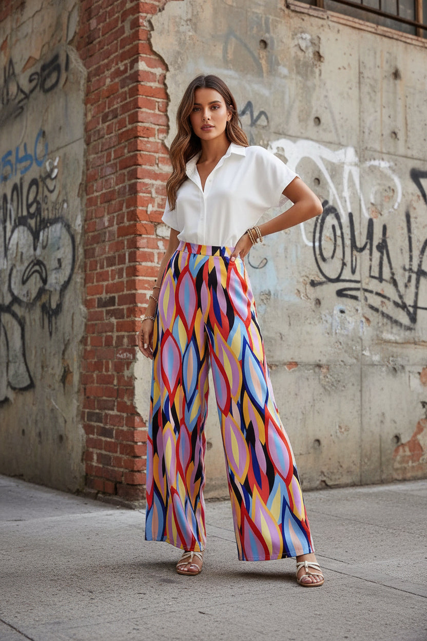 Pantalones acampanados Isabella Sol con estampado vibrante