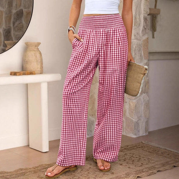 Pantalones casuales a cuadros, corte holgado, pantalones anchos de moda para mujer con bolsillos.