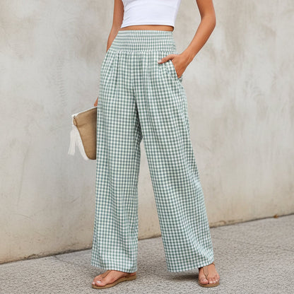 Pantalones casuales a cuadros, corte holgado, pantalones anchos de moda para mujer con bolsillos.