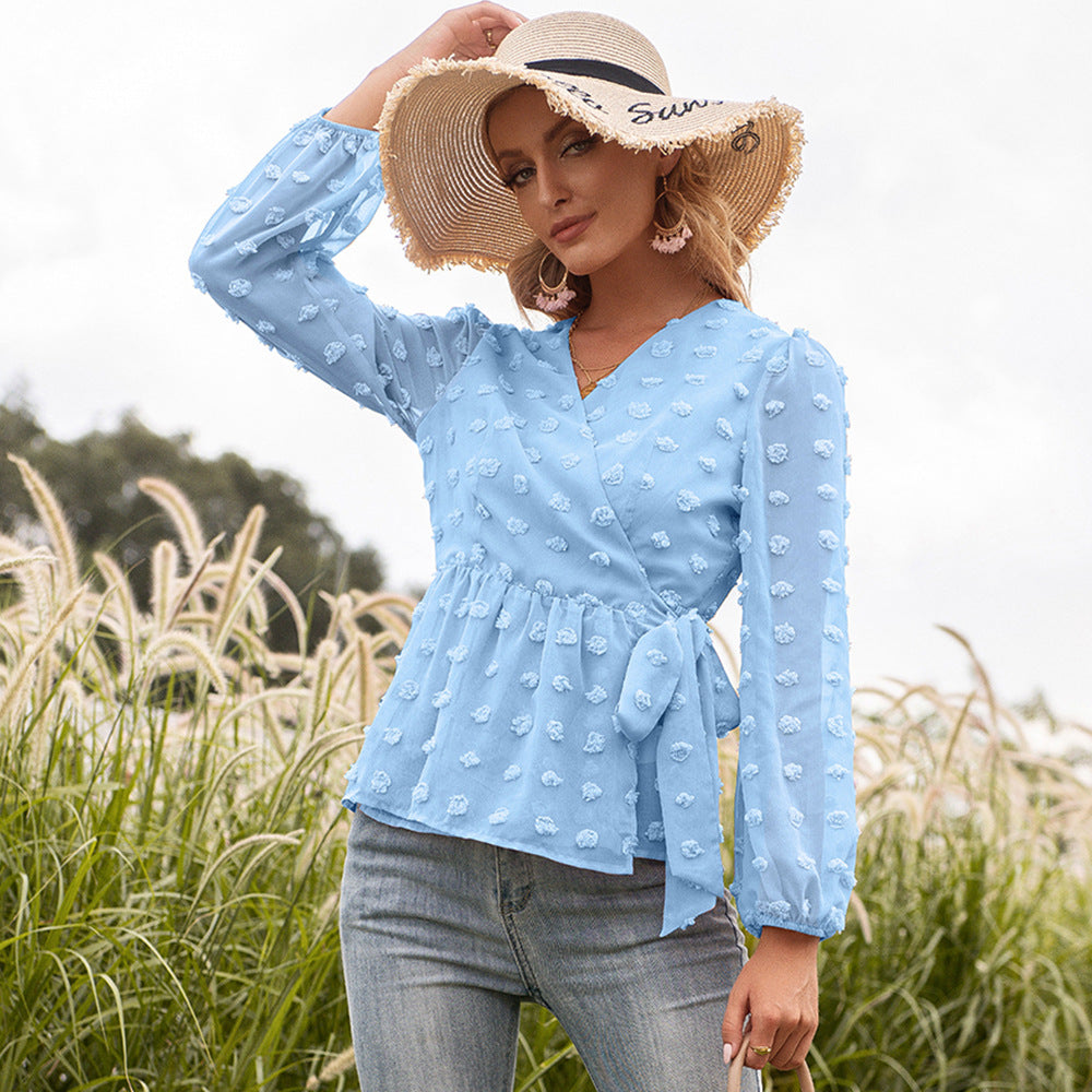 Elegante blusa jacquard con escote en V de Isabella Sol.