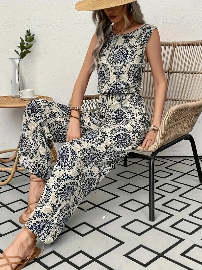 Conjunto de top sin mangas estampado y pantalón de pierna ancha para mujer.