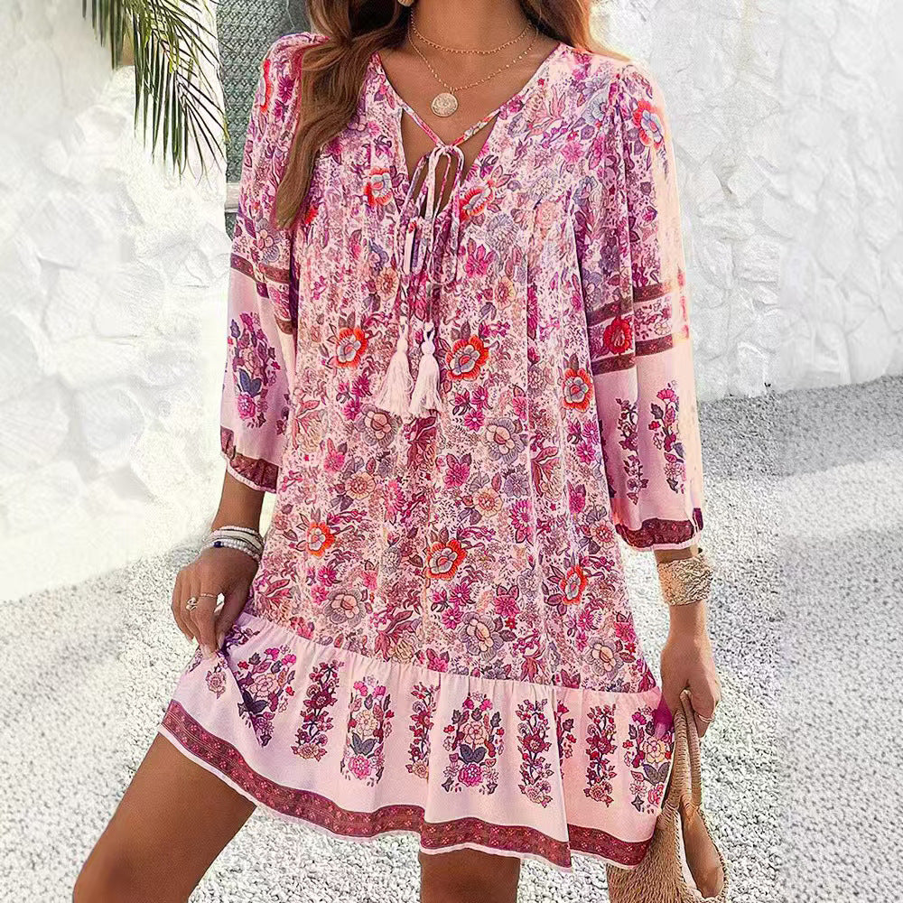 Bohemian Floral Isabella Sol V-Neck Midi Dress
