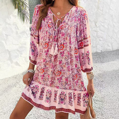 Bohemian Floral Isabella Sol V-Neck Midi Dress